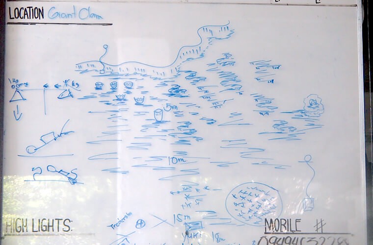 ジャイアントクラムのブリーフィングマップ。大きなシャコ貝がある場所からエントリーします。